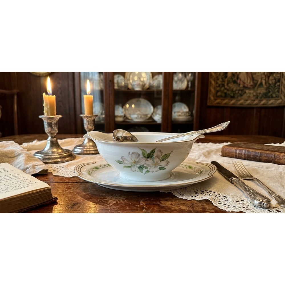 Noritake China Edgemont 5216 Gravy Boat Attached Underplate Dogwood Gold Trim